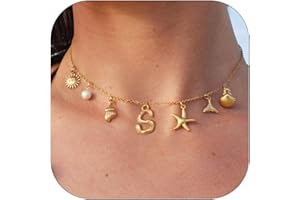 JALZEMPL Initial Charm Necklace For Women Shell Letter Necklaces Gold Charms Pendant Boho Summer Seashell Beach 14k Starfish Surfer Jewelry Gifts