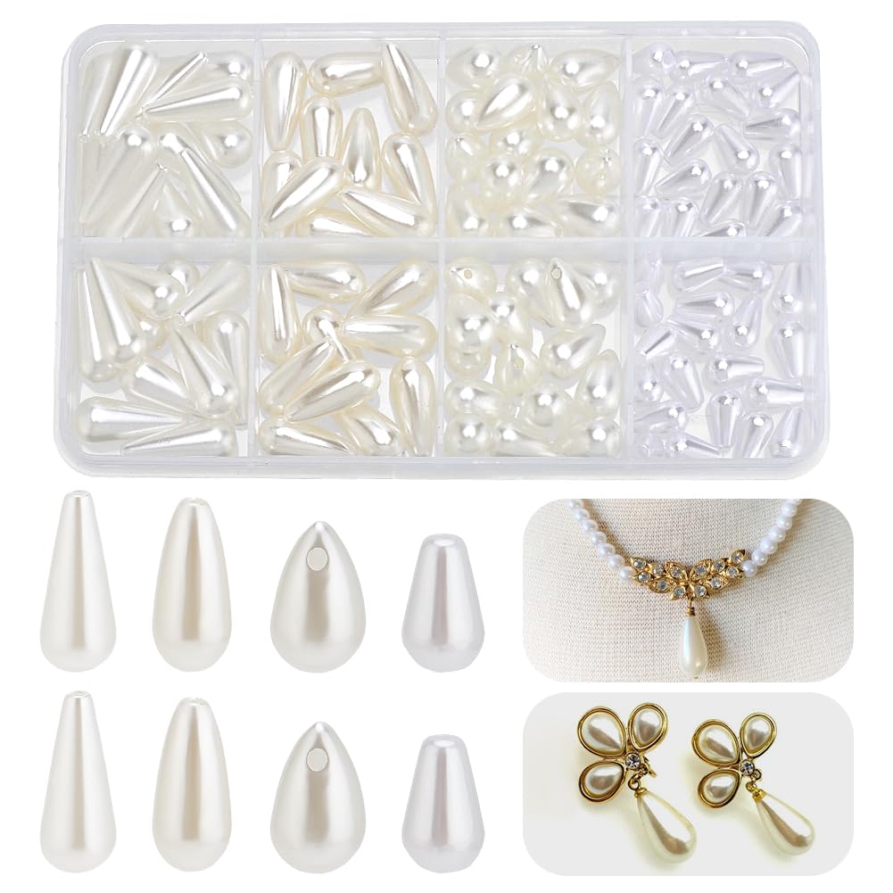 arricraft 110 Pcs Tear Drop Pearl Beads, 4 Sizes White ABS Plastic Pearl Beads for Bracelet Necklace Jewelry Making