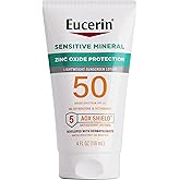 Eucerin Sun Sensitive Mineral Sunscreen Lotion SPF 50 with Zinc Oxide Protection, Hypoallergenic Sunscreen for Sensitive Skin, Oxybenzone and Octinoxate Free, 4 Fl Oz Tube