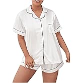 WDIRARA Women's Plus Sleepwear Satin Short Sleeve Shirt and Shorts Pajama Set