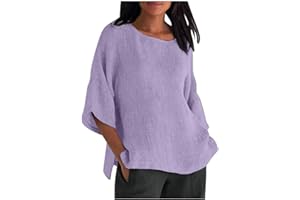 FAVIPT Linen Tops For Women Boho Summer 3/4 Sleeve Crewneck Blouses Tunics Loose Fit Plus Size Soft Tee Shirts 2024 Fashion