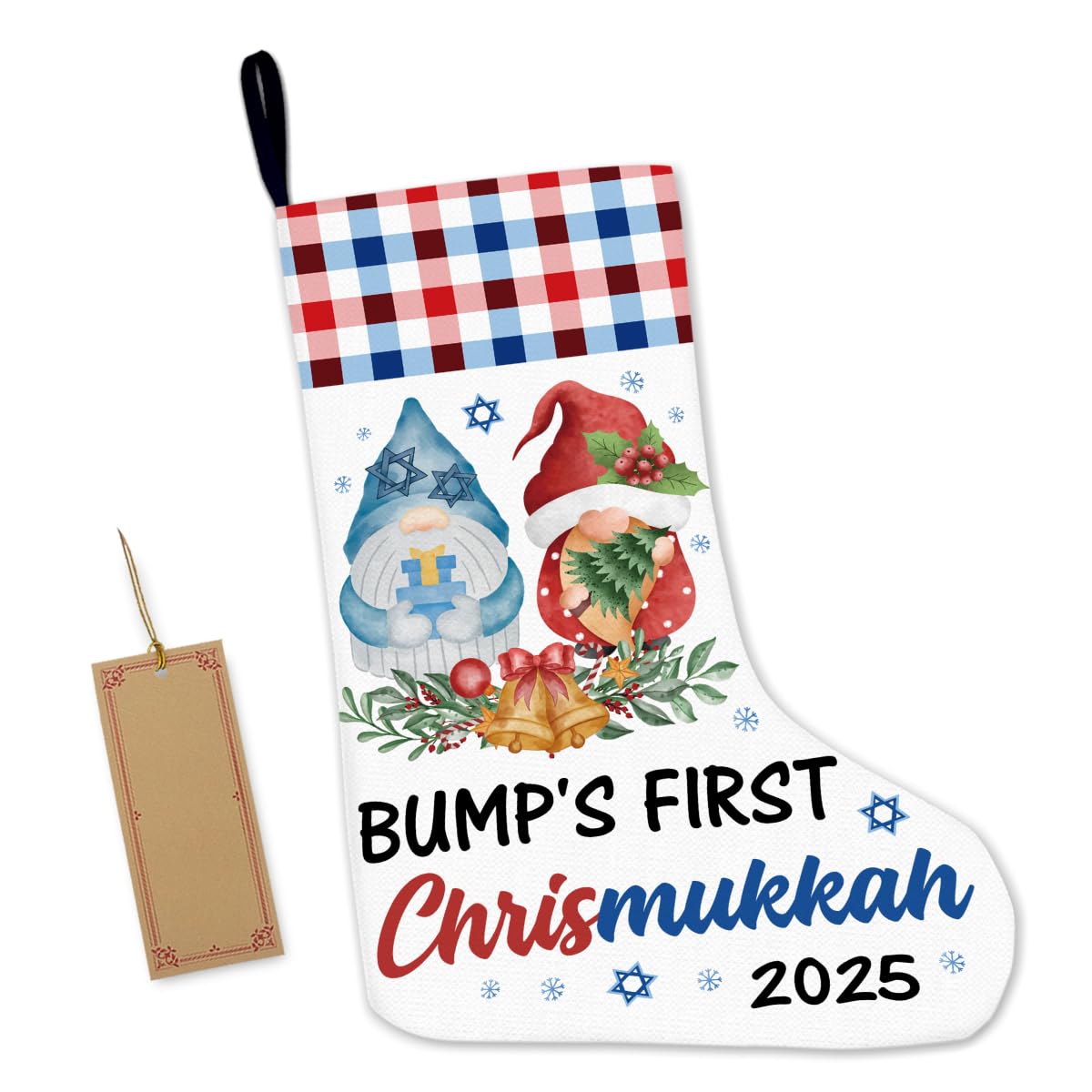 Photo 1 of ***** 2 PACK ***** LyoGao Bump's First Chrismukkah Christmas Stocking 2025, Gnome Burlap Christmas Stocking Gift for New Mom Dad, Pregnancy Announcement Gift, Hanukkah Christmas Socks for Home Fireplace Decor