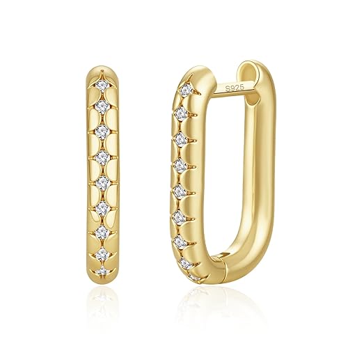14K Gold Plated Cubic Zirconia Rectangle Hoop Earrings, U Huggie Hoop earrings for women with 925 Sterling Silver Posts