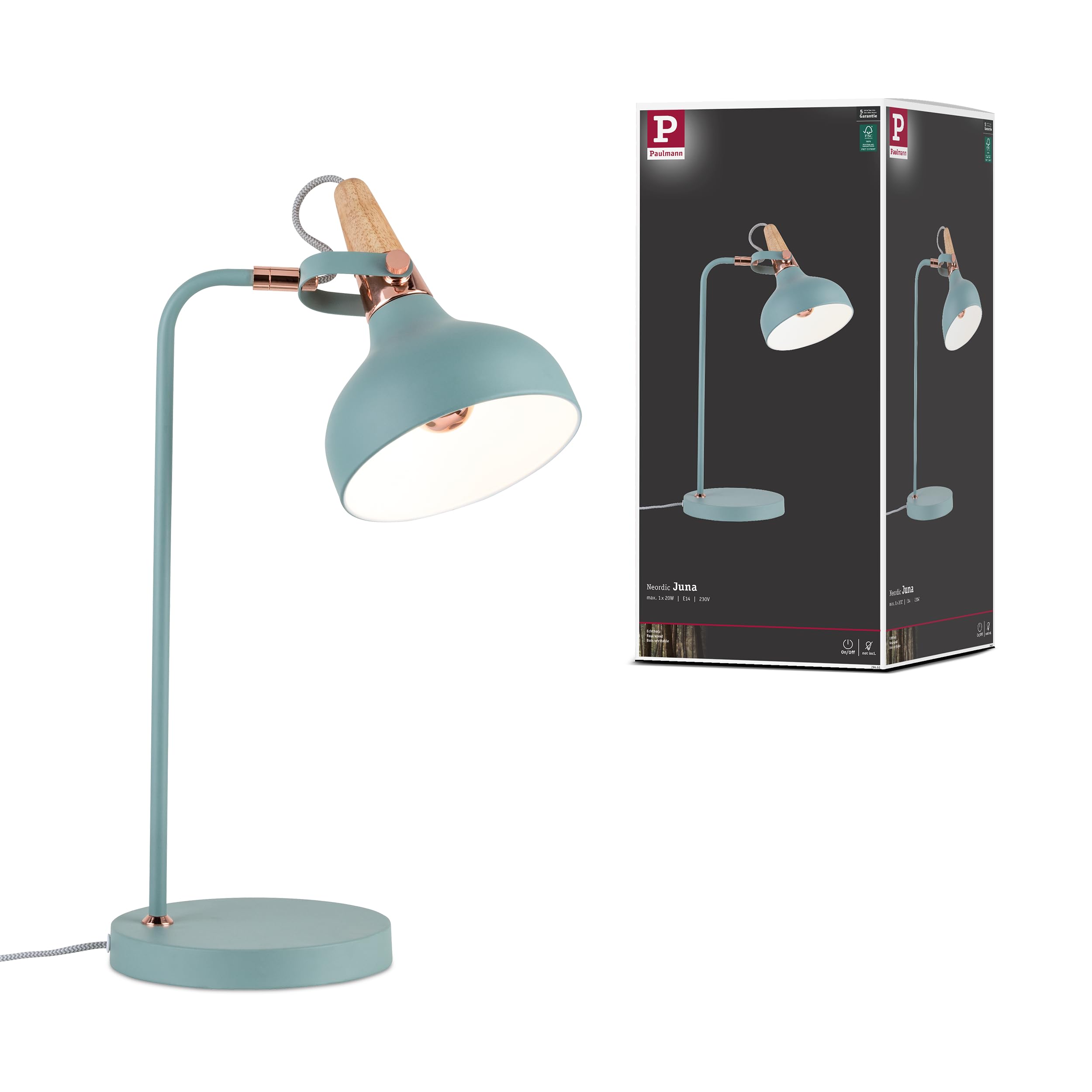 Paulmann 79651 Neordic Juna Table luminaire max. 1x20W Table lamp for E14 Lamps Bedside lamp Soft Green/Copper/Wood 230V Metal/Wood Without lamp