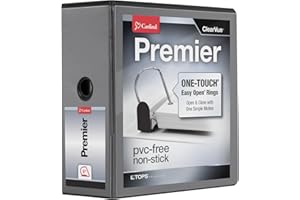 Cardinal 3 Ring Binder, 5 Inch Premier Easy Open Binder, ONE-TOUCH Locking Slant-D Rings, 1,050-Sheet Capacity, ClearVue Cover with Shelf Pull, PVC-Free, Black (10351)