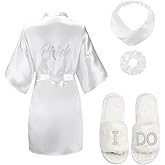 EPLAZA Bride Robe for Wedding Day Set with Slippers Bridal Robes Satin Robes Wedding Bachelorette Party Bridal Shower Gifts