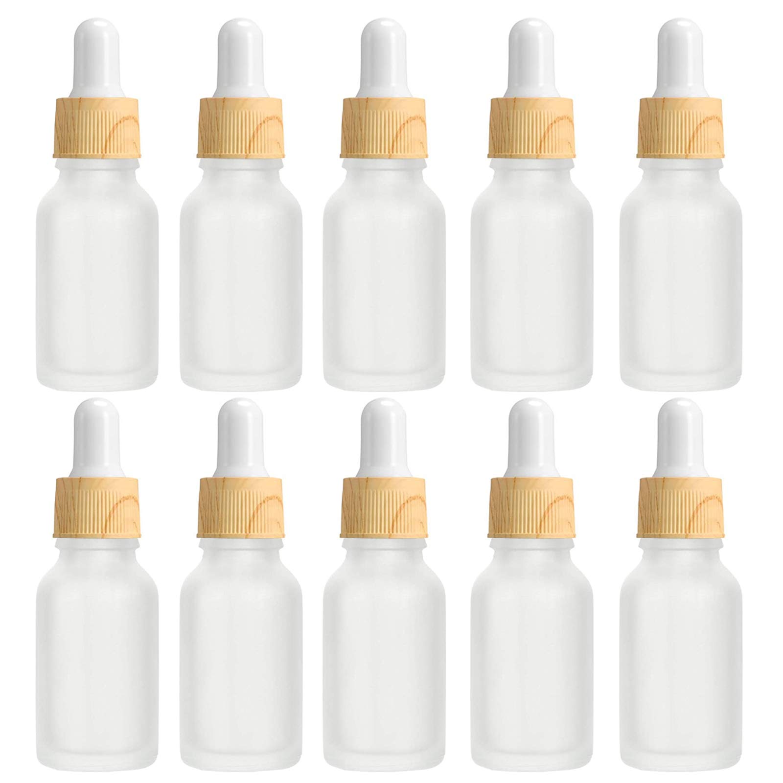Alledomain 10Pcs, 10ml Frosted Clear Glass Bottles with Dropper Pipettes, Mini Empty Dropper Bottles Wood Grain Plastic Cap Refillable Sample Container for Essential Oil/Aromatherapy/Chemical Liquid