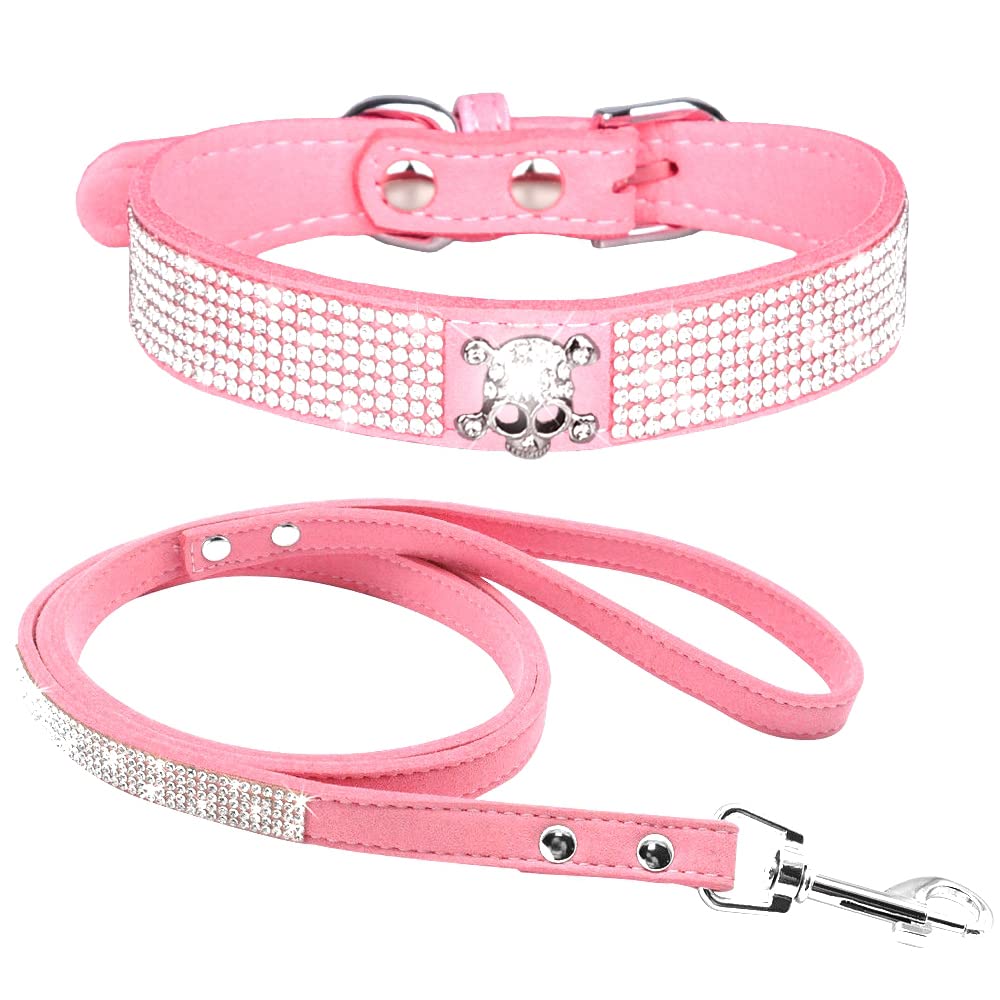 haoyueer Rhinestone Dog Collar, Cute Dazzling Sparkling Soft Suede Leather Dog Cat Rhinestone Collar Leash Crystal Diamond Pet Dog Puppy Collar (L, Pink-5)