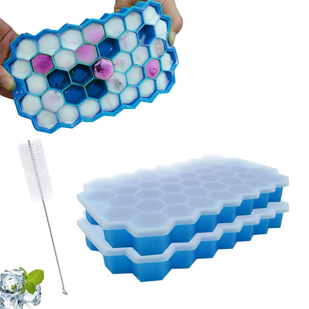 LIANWANG Silicone Ice Cube Tray, 2 Packs Ice Cube Tray, Silicone Mould with Lid and Cleaning Brush Mould for Family, Party and Bars (Blue)