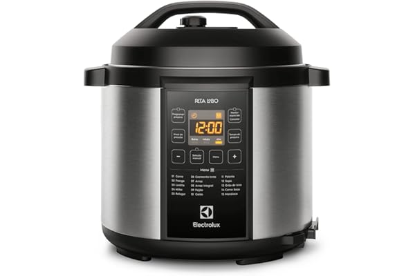 Panela pressão elétrica Electrolux digital capacidade 6L silenciosa segura 10 travas segurança 15 receitas pré-programadas 3 níveis pressão PCC20 inox preto 127v por Rita Lobo