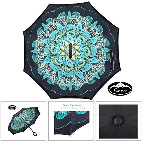 KEUOO Inverted Umbrella Double Layer Windproof Reverse Umbrella for Car and Outdoor Use (PeacockNew)