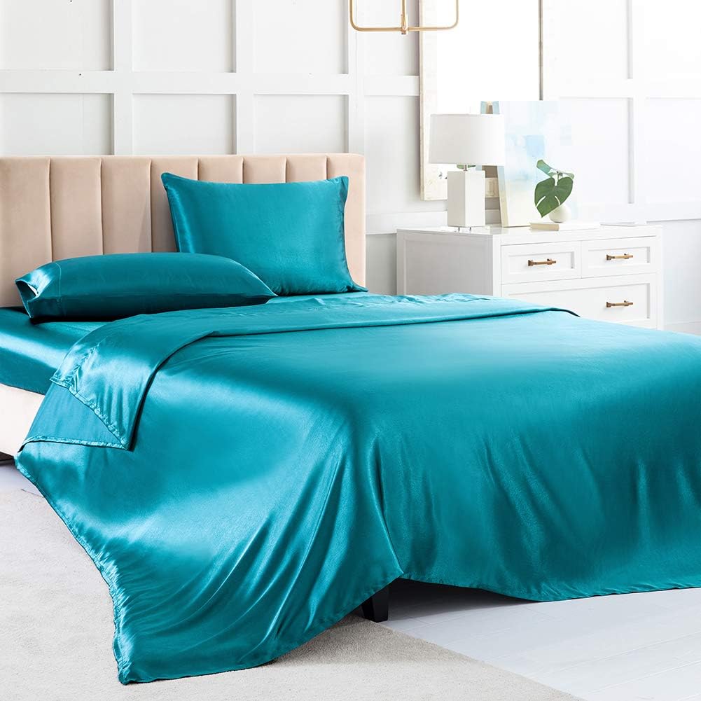 Amazon Com Satin Sheets Queen Soft Silk Bed Sheets Teal Silk Sheet With 1 Deep Pocket Fitted Sheet 1 Flat Sheet 2 Silky Satin Pillowcases Kitchen Dining