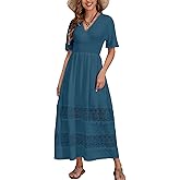 S. Adriana Boho Maxi Dress for Women 2025 Summer V Neck Lace Wedding Guest Dress Smocked Waist Bohemian Long Flowy Dresses