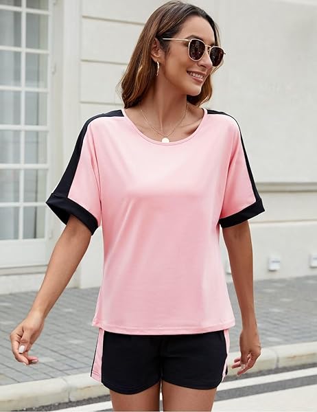 CICIBIRD WOMEN CASUAL 2 PIECES OUTFITS SUMMER MATCHING LOUNGE SET COMFY SWEATSUIT JOGGER SETS SHORT SLEEVE TOP AND SHORTS WITH POCKETS PINK XL