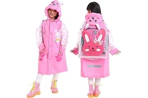 QTECLOR Kids Raincoat Jacket Girl Boy Age 6-13 Year Cartoon Rain Poncho with School Bag Cover Outdoor Camp Cycle