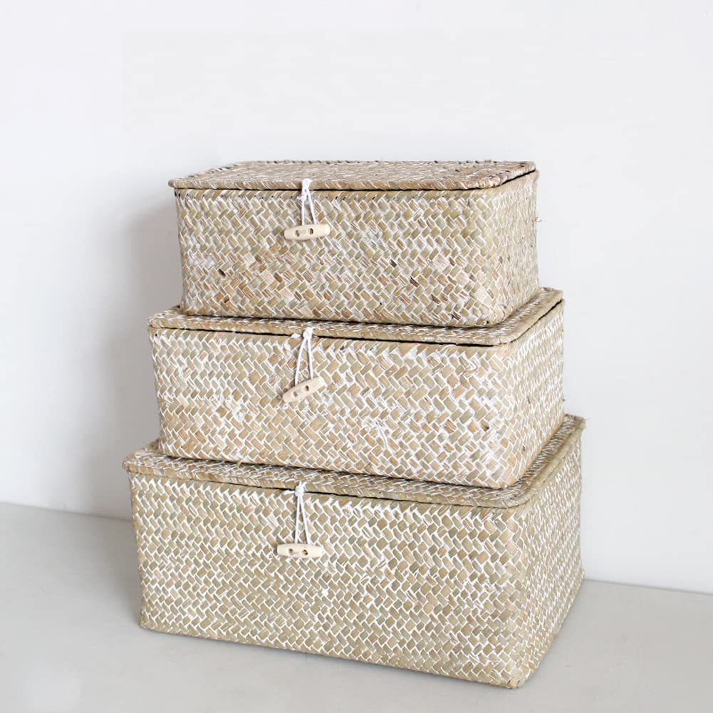 HAPYFURN Seagrass Storage Basket with Lid Rectangular Box for Toys Clothes Books Keys Natural Rattan Woven Multifunctional Makeup Organizer Set of 3 Shelf Basket (Small/Medium/Large)