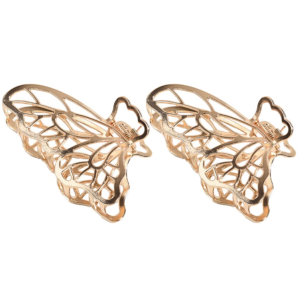 Lurrose 2pcs Large Hair Claw, Butterfly Hair Catch Jaw Clamp Gold Alloy Hair Jaw Clip Vintage Hollow Hair Claw for Women Girls