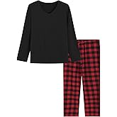 Latuza Women's Petite Pajama Set Petite Length V Neck Knit Top Flannel Pants