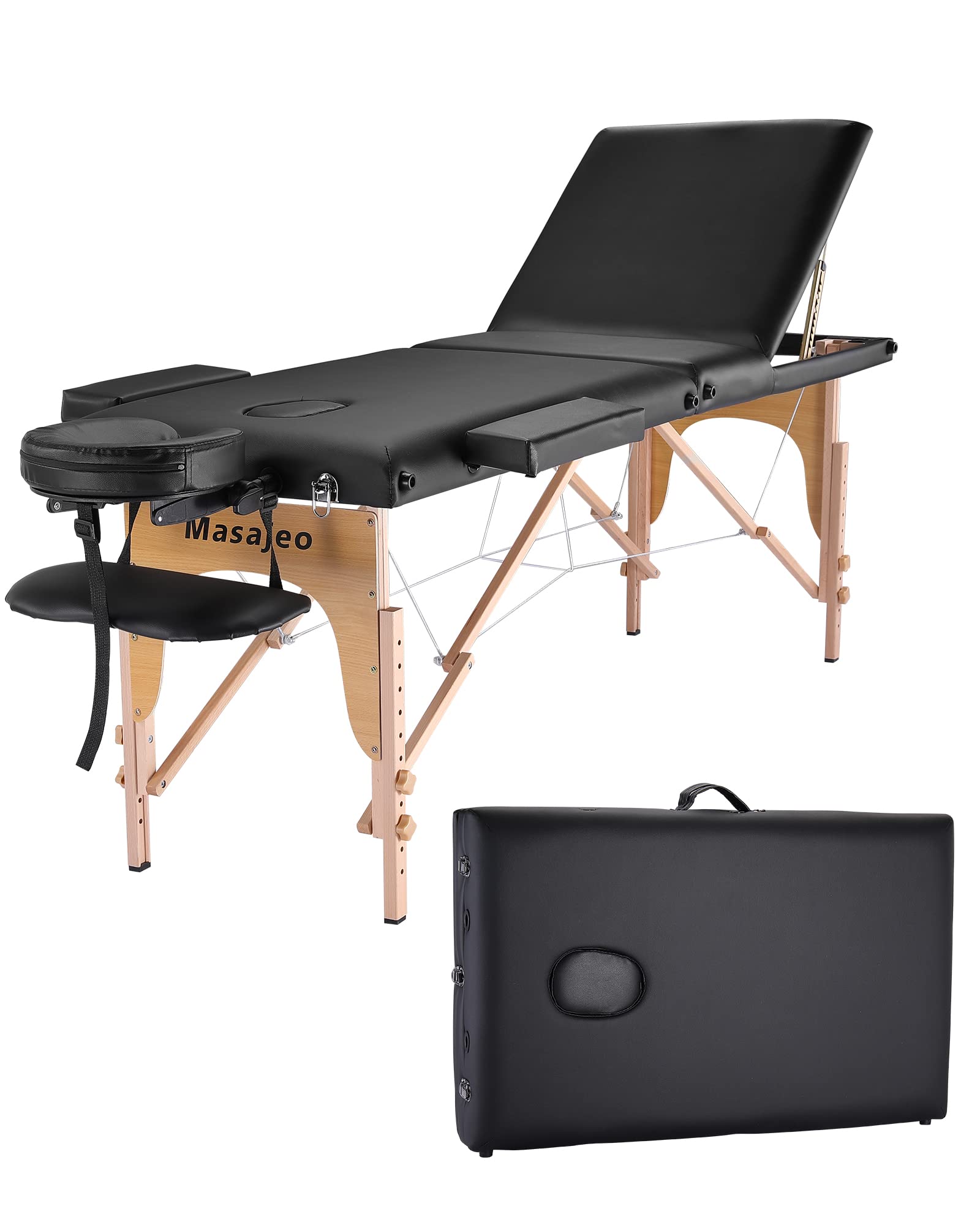 Photo 1 of Massage Table Portable Massage Bed Professional Lash Facial Eyelash SPA Bed Reiki Table, 3 Section Wooden Frame Height Adjustable with Accessories & Carrying Bag, 84 Inch Long