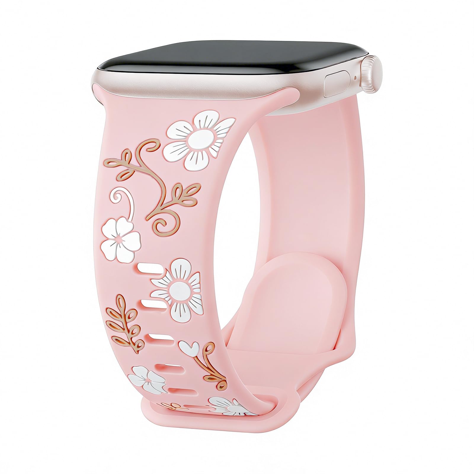 Floral Engraved Band for Apple Watch Bands for Women 40mm 44mm 38mm 41mm 42mm 45mm 46mm 49mm iWatch Bands,Cute Flower Soft Silicone Strap for Apple Watch SE/3/2nd Series 11 10 9 8 7 6 5 4 3 Ultra