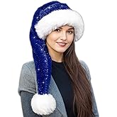 Brihasory Sequin Long Santa Hat for Adults, Christmas Hats for Women or Men Xmas Holiday Hat for Santa Claus Costume Supplies
