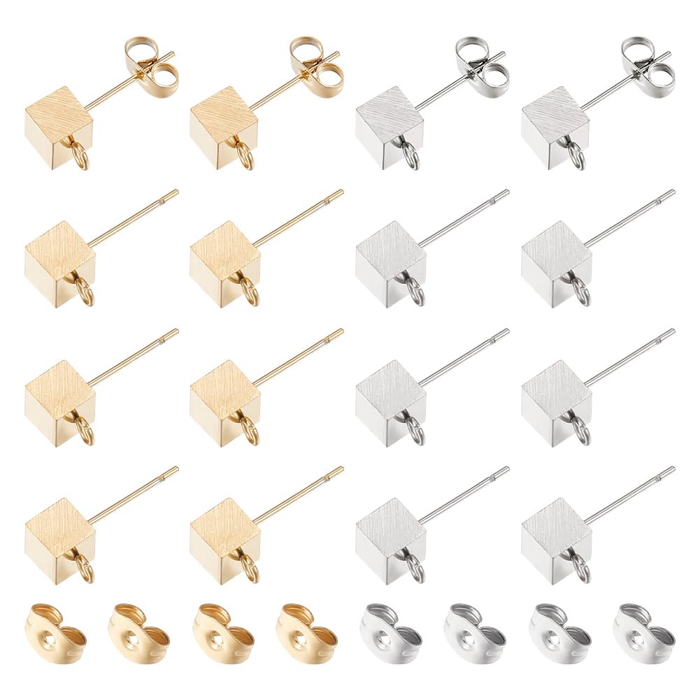 UNICRAFTALE 40Pcs 2 Colors 8mm 304 Stainless Steel Cube Stud Earring Findings Golden Post Stud Earring with Loop Butterfly Earring Backs for Jewelry Earring Making