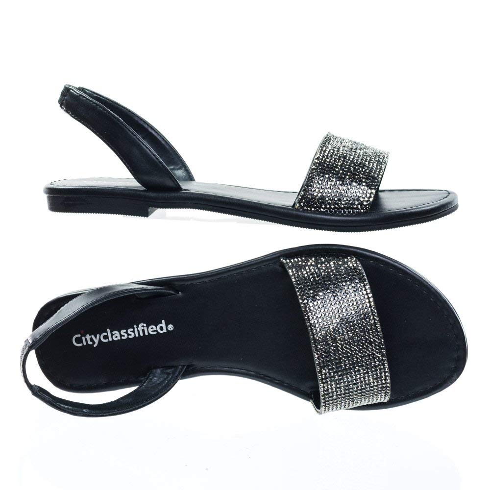 City Classified Comfort Over The Toe Strap Crystal Embellished Slip On Sling Back Flat Sandal - Image 4