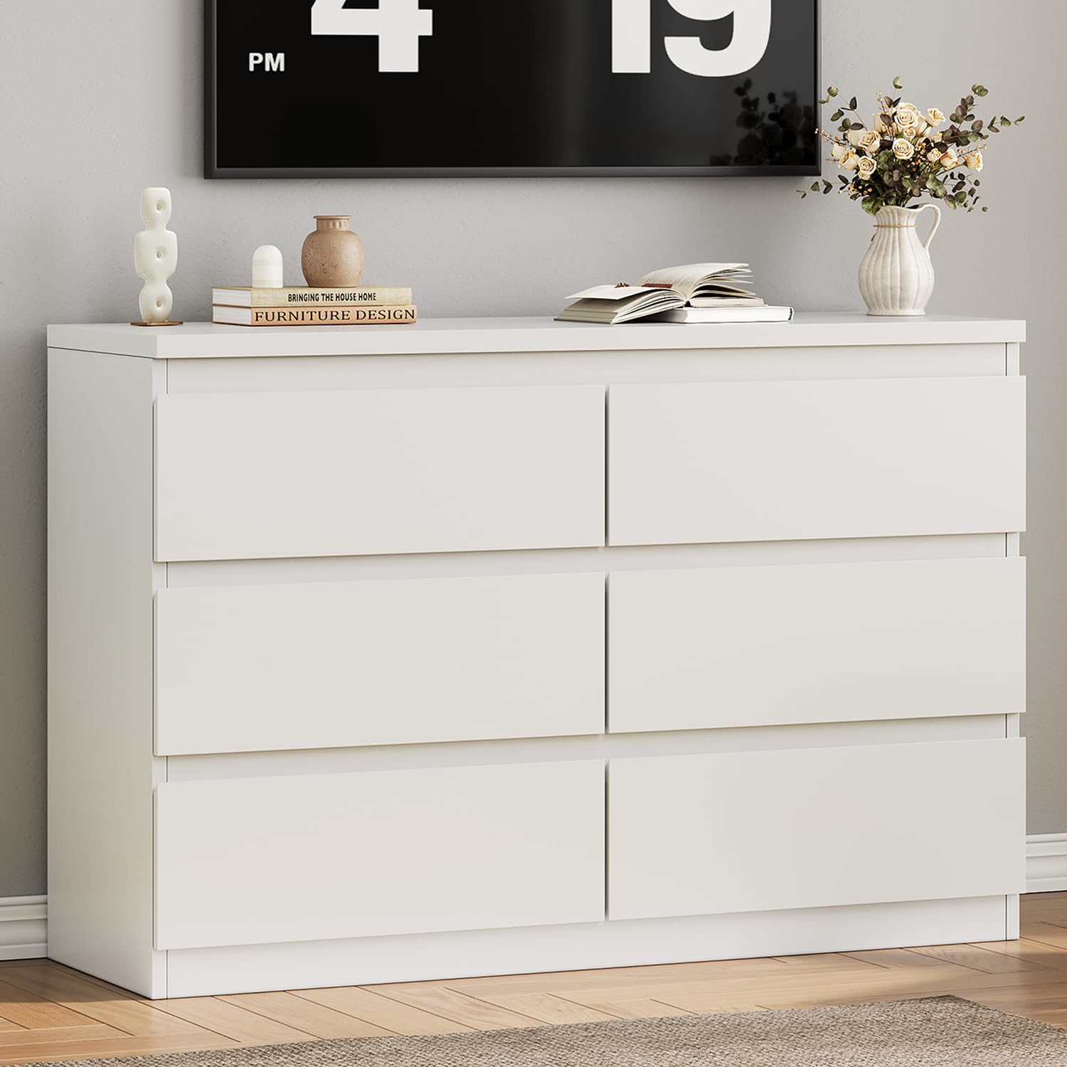 Photo 1 of ** UNTESTED / NO RETURN *** Jocoevol Modern White 6 Drawer Dresser - Simply Chest of Drawers for Bedroom, Closet, Living Room, Hallway, Entryway, Wood Storage Double Dresser with Smooth Metal Rails - White