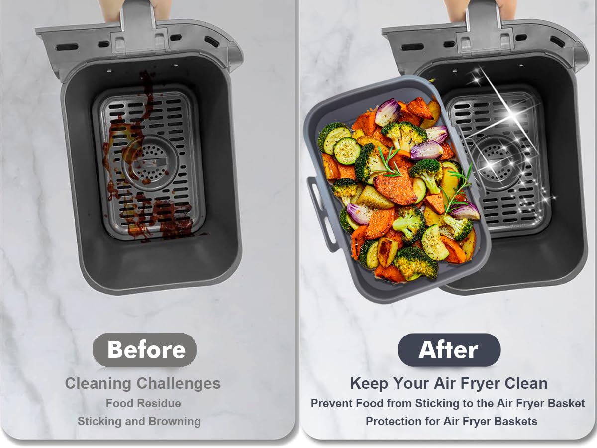 2-Pack Collapsible Silicone Liners for Ninja Foodi DZ201 & Other 8QT Dual Basket Air Fryer - 8.3 x 5.9 x 3.7inch Reusable Rectangular Premium Silicone Pot Basket Tray