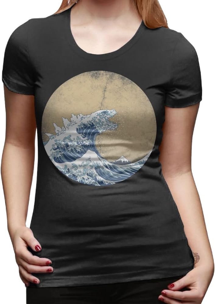 POWNA Women's Shirt Hokusai Kaiju Tshirt Short Sleeve T-Shirt Leisure Tee