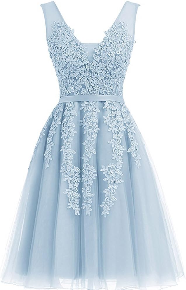 Vickyben Women's Short A-line Lace Applique Tulle Prom Dress Evening Gown Bridesmaid Dress Cocktail Dress Knee Long