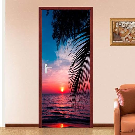 Amazon Com Flfk 3d Self Adhesive Bedroom Door Murals Sunset Tropical Wall Stickers Wallpaper 30 3x78 7 Inch Kitchen Dining