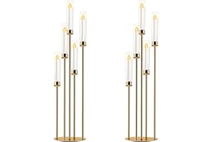 SIMPREFINE Candelabra Gold Centerpiece 5 Arms Taper Candle Holder Gold Centerpiece with Acrylic Tubes for Table Decoration Wedding Event Party Aisle Stage Home Decor (2, M)