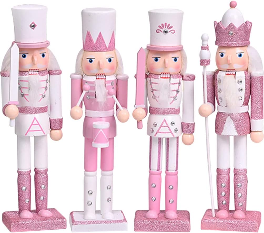 Nutcrackers - Gatuida 4PCS Wooden Nutcracker Soldier Figure Decor Christmas Doll Ornament Gift for Festival Party Desktop Garden Decor Pink