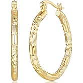 Aidomiya Gold Plated Earrings 14k Gold Plated Hoop Earrings for Women Large Hoop Earring with V-Shaped Engraved Design Womens Hoops Earring 30MM