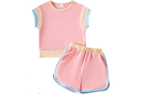 FishingDino Toddler Girl Clothes Summer Set 2T-6T, Short Sleeve Color Block Sporty Sweatsuit Outfit, 2 Piece Kids Clothes