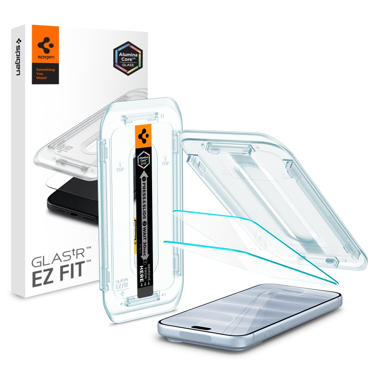 Spigen GlasTR EZ FIT 액정보호필름, 아이폰 18 프로, 17 프로, 17, 16 프로용 | AluminaCore 알루미늄 강화 9H+ 강화 유리, 자동 정렬 트레이, 100% 선명도, 오리지널 터치, 케이스