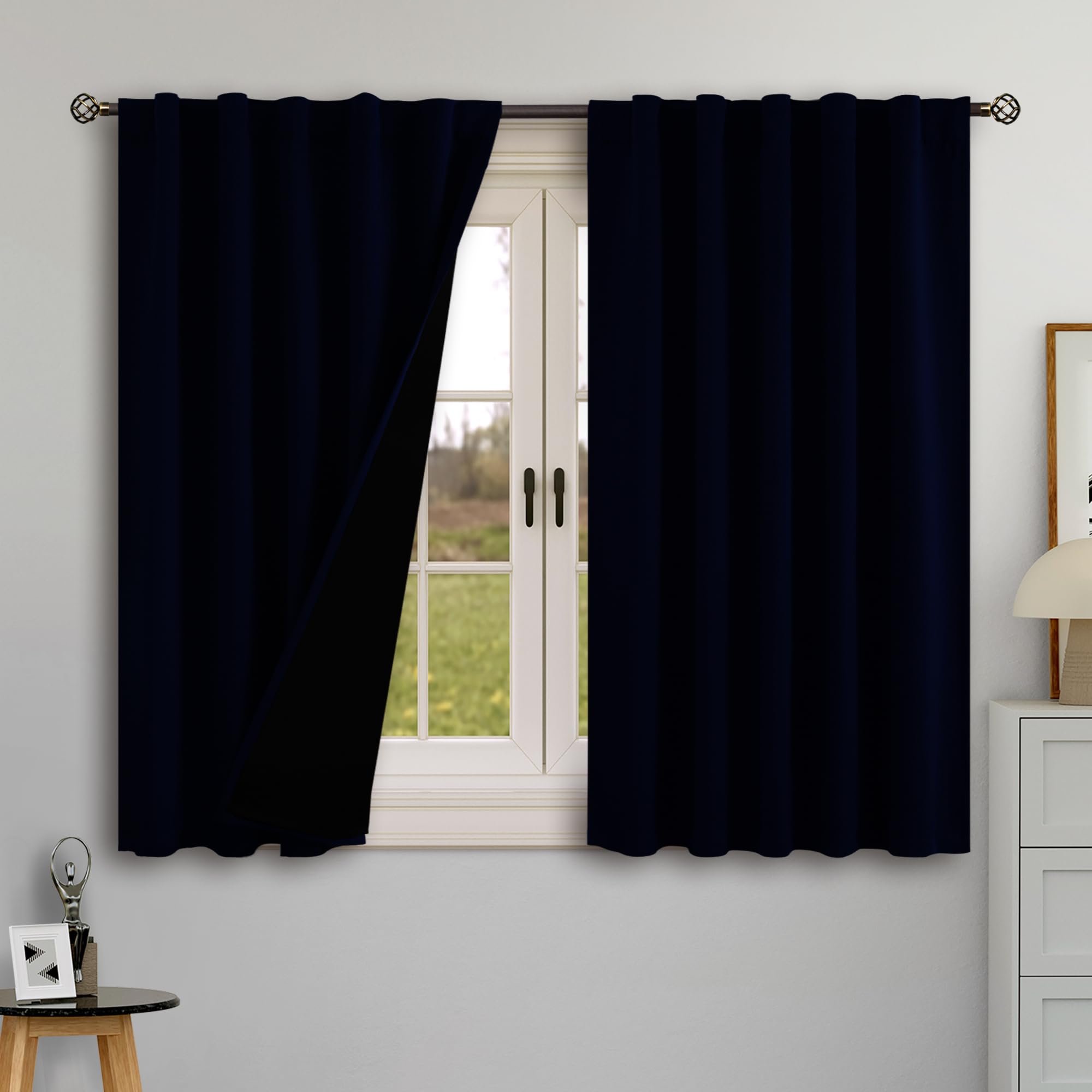 Photo 1 of BGment Navy Blue 100% Blackout 48 Inch Curtains for Small Window, Rod Pocket and Back Tab Double Layer Black Out Thermal Insulated Room Darkening Curtain for Kitchen, 2 Panels, Each 42 x 48 Inch