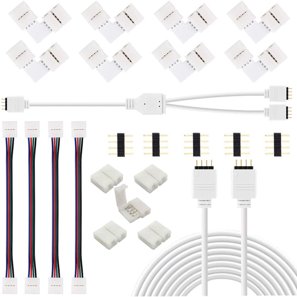 5050 4 Pin Led Strip Connector Kit, 10mm RGB LED Connector Includes 10x L Shape Connectors, 2M Strip Light Extension Cable, 4X LED Strip Jumper, Y Port Connect Cable-Meet Your Lighting DIY Needs