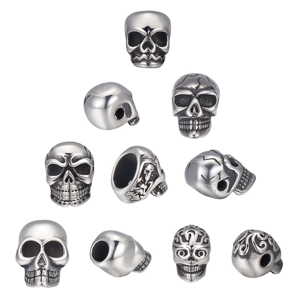 UNICRAFTALE 10Pcs 5 Style Skull Beads Stainless Steel Spacer Beads Antique Silver Skull Head Loose Beads 2~8mm Large Hole Skull European Beads Metal Beads for Jewelry Making DIY Bracelet Necklace