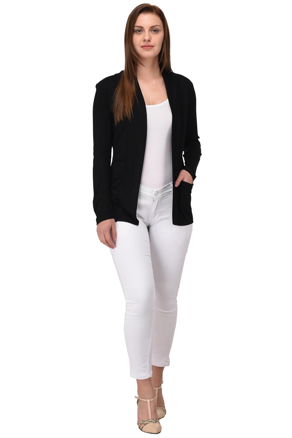 espresso women's full sleeve front open viscose shrug with pocket