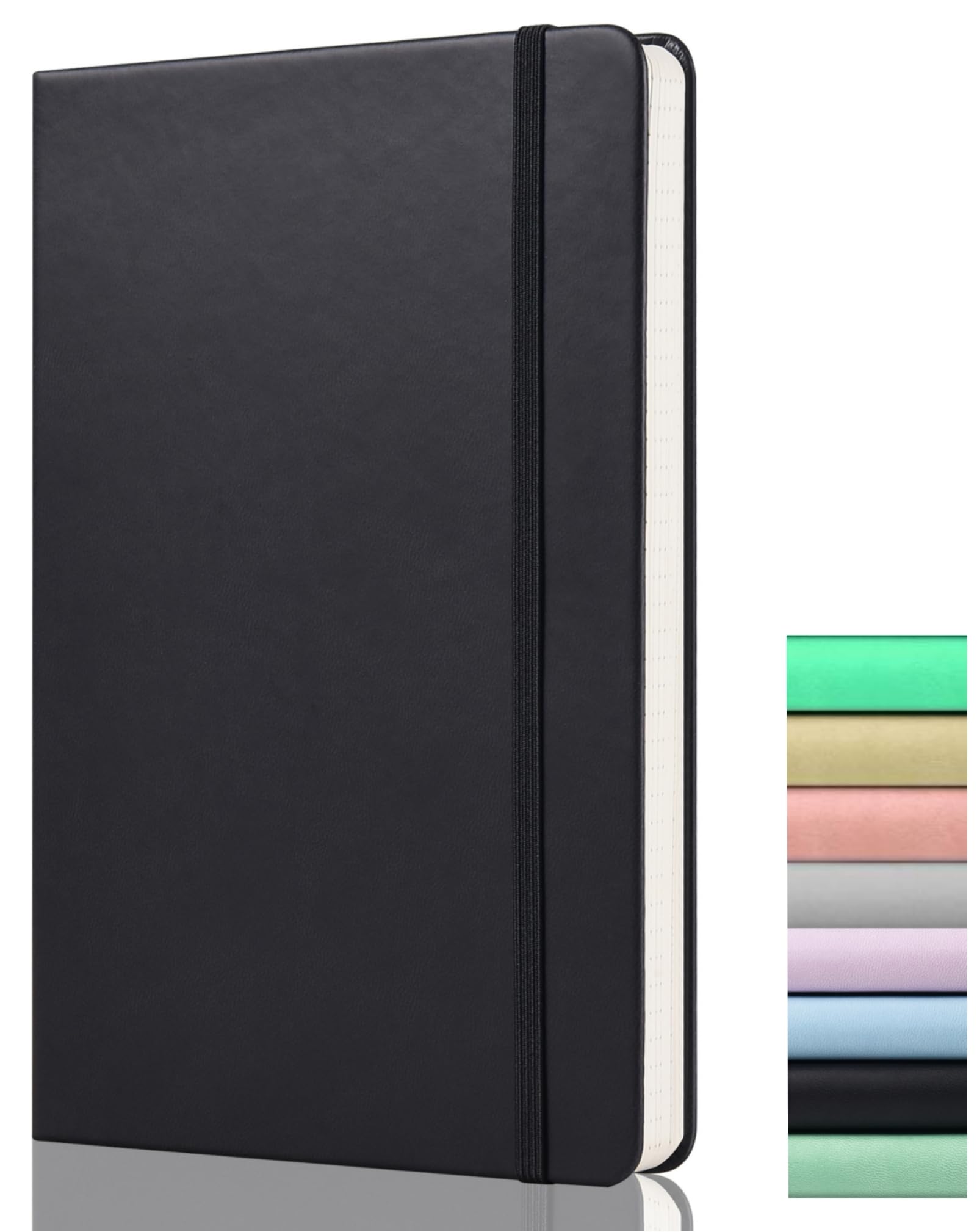 Dot Grid Journal - A5 Dotted Notebook -120gsm Paper, 172 Pages, Vegan Leather Hardcover Dotted Notebook with Back Pocket, 2 Mark Ribbons, Black