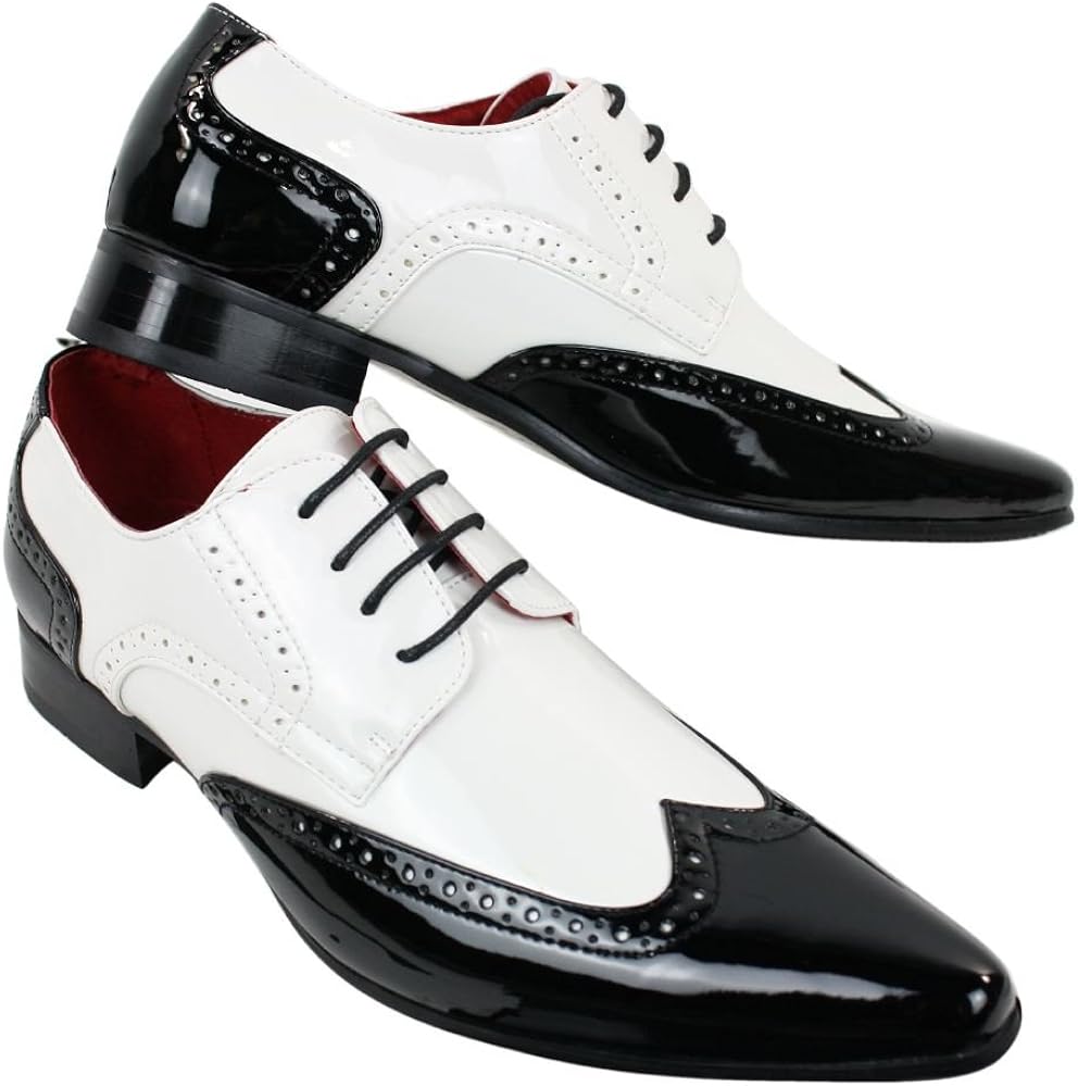 Mens Patent Leather Brogue Shoes Black White Smart Casual Laced Vintage ...