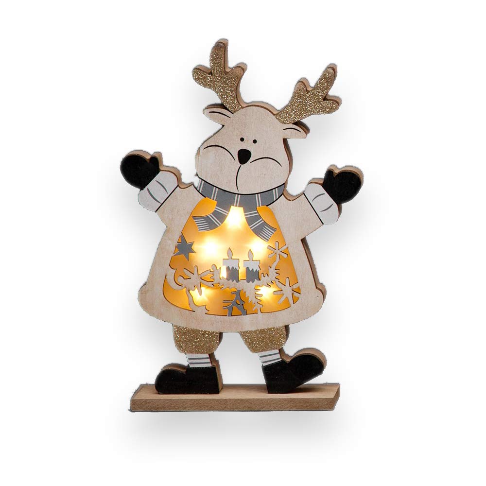 Reindeer LED Wooden Christmas Santa Snowman Reindeer Xmas Home Indoor Table Decorations Ornaments Centrepiece, 27cm