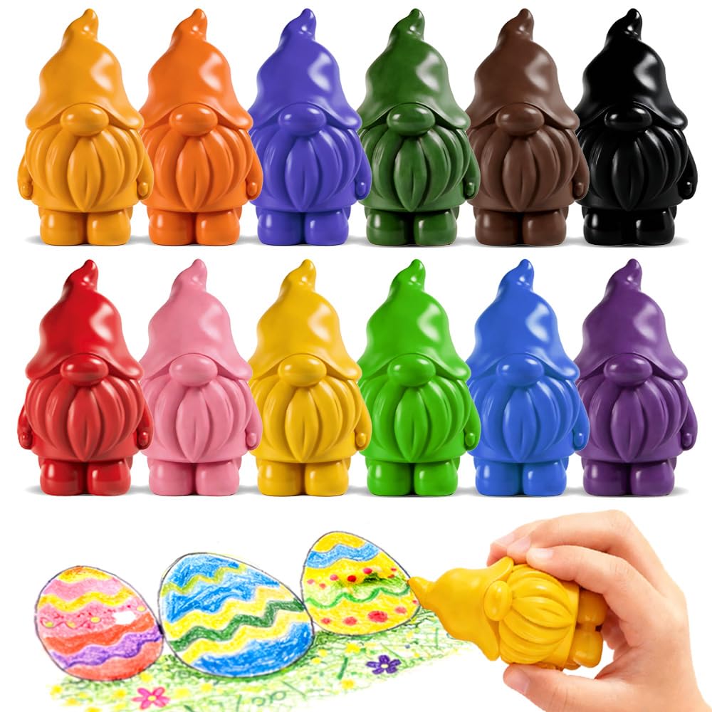 VKTEN Easter Basket Stuffers for Kids – 12 Pack 3D Gnome Crayons, Chunky Toddler Crayons for Little Hands, Cute Giftable Coloring Set for Easter Egg Fillers, Party Favors & Classroom Prizes