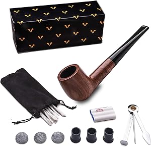 Tobacco Pipe Set, Free Boy Handmade Wooden Straight Stem Smoking Pipe with Accessories (Filter Elements, Filter Balls, 3 in 1 Scraper, Pipe Cleaners, Pipe Tip Grips, Bag, Box)