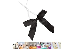 GUIFIER 50 PCS 3 Inch Black Twist Bows for Treat Bags, Satin Twist Tie Bows, Pre Tied Bows with Wire, Ribbon Bows with Twist Ties, Bow Ties for Gift Bags, Popcorn Bags, Cookie Bags, Party Favors