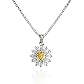 Kakikaki 925 Sterling Silver Sparkly Cute Daisy Flower Pendant Necklace for Women