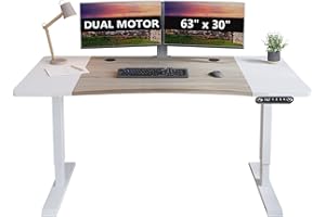 bilbil 63 x 30 Inch Dual Motor Electric Standing Desk, Height Adjustable Stand up Home Office Desk, Sit Stand Table with Splice Board, White Frame/Oak+White Top