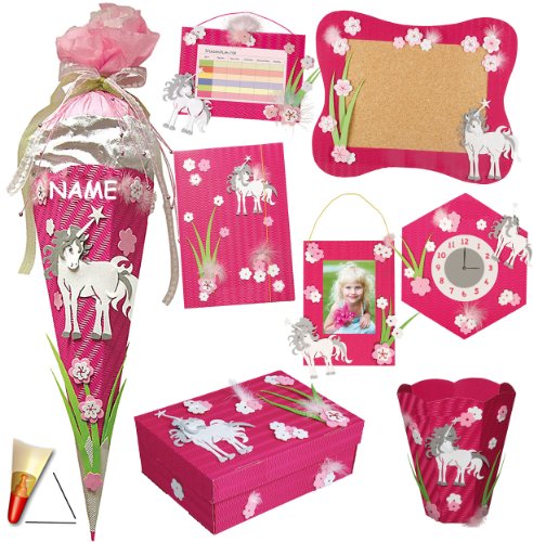 8 TLG. Set: Bastelset Schultüte - 85 cm + Schulbox/Kreativbox + Mappe + 6 Schulartikel - Einhorn & Blumen Mädchen… – Bild 4
